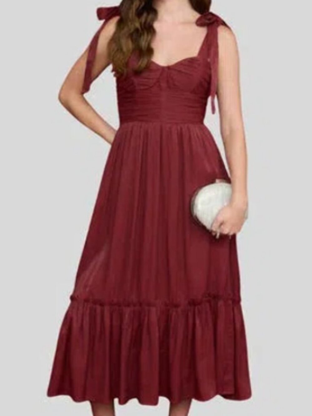 BLU PEPPER Tie Strap Tiered Midi Dress In Burgundy Large